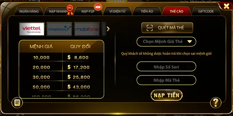Hướng dẫn nạp tiền qua thẻ cào chỉ với các bước đơn giản tại Hitclub.
